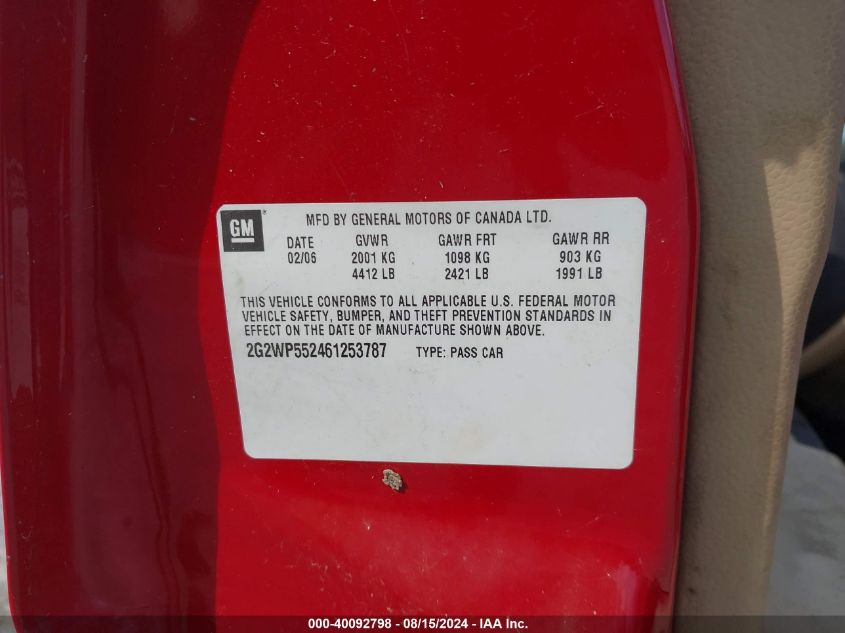 2006 Pontiac Grand Prix VIN: 2G2WP552461253787 Lot: 40092798