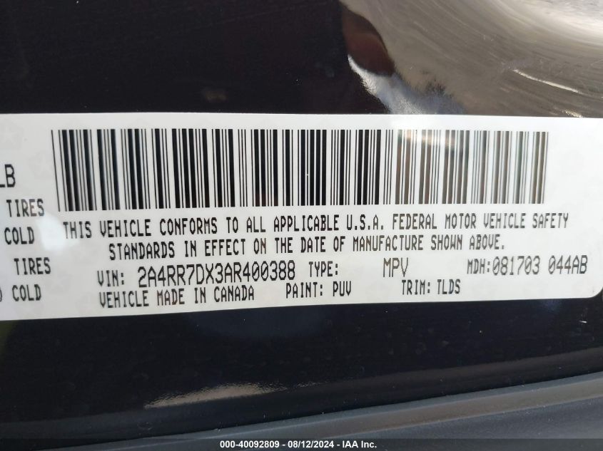 2010 Chrysler Town & Country New Limited VIN: 2A4RR7DX3AR400388 Lot: 40092809