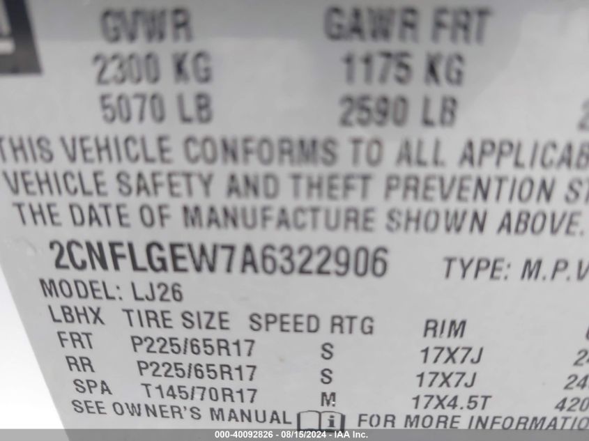 2010 Chevrolet Equinox Ltz VIN: 2CNFLGEW7A6322906 Lot: 40092826