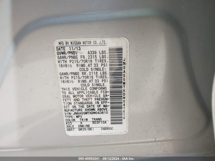 2013 Nissan Rogue S VIN: JN8AS5MTXDW043610 Lot: 40092841