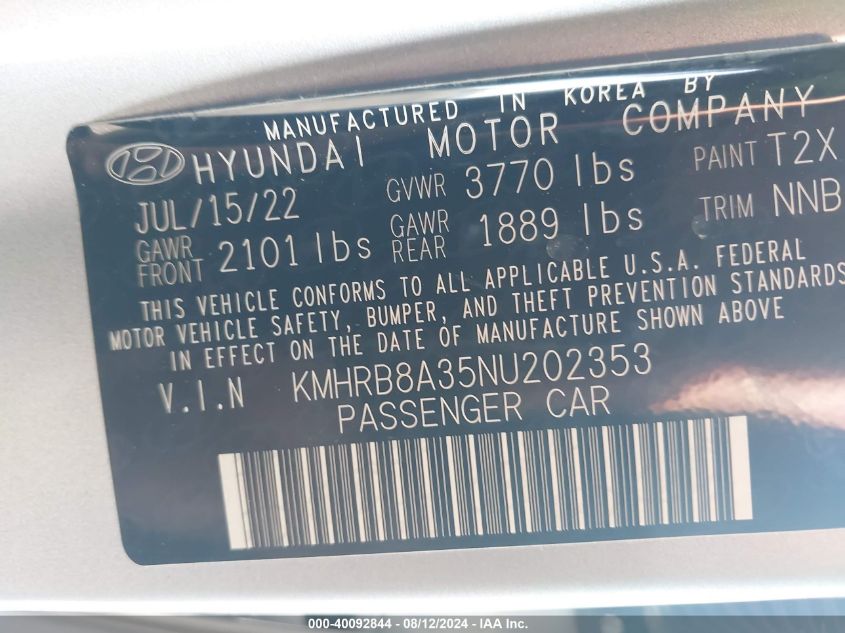 KMHRB8A35NU202353 2022 Hyundai Venue Se