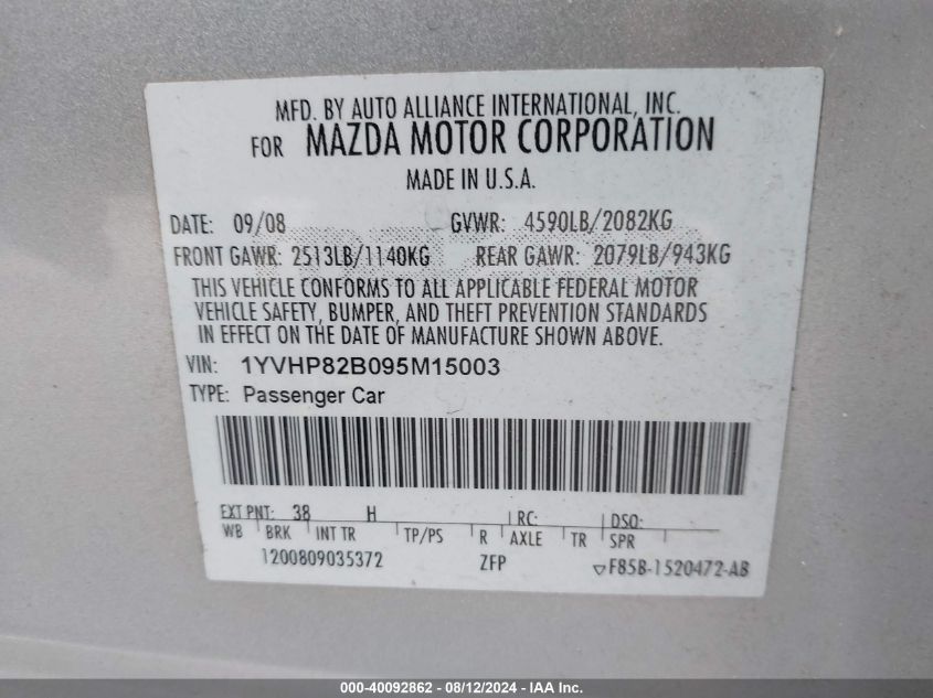 1YVHP82B095M15003 2009 Mazda Mazda6 S Touring