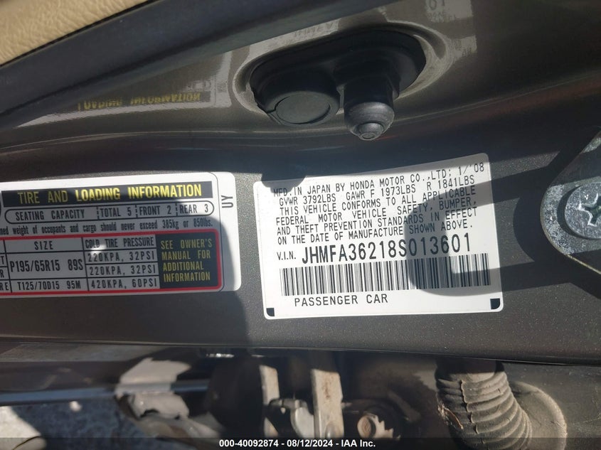 2008 Honda Civic Hybrid Hybrid VIN: JHMFA36218S013601 Lot: 40092874