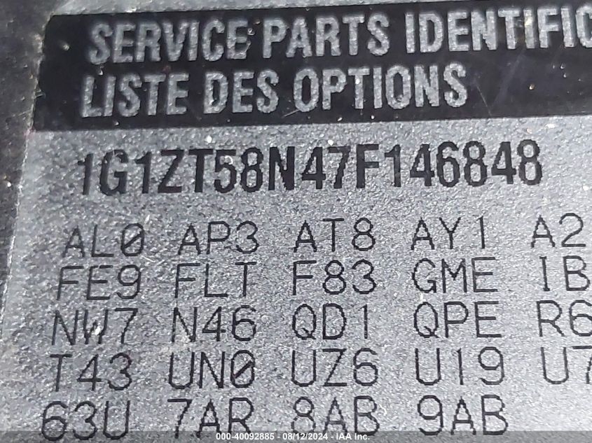 2007 Chevrolet Malibu Lt VIN: 1G1ZT58N47F146848 Lot: 40092885