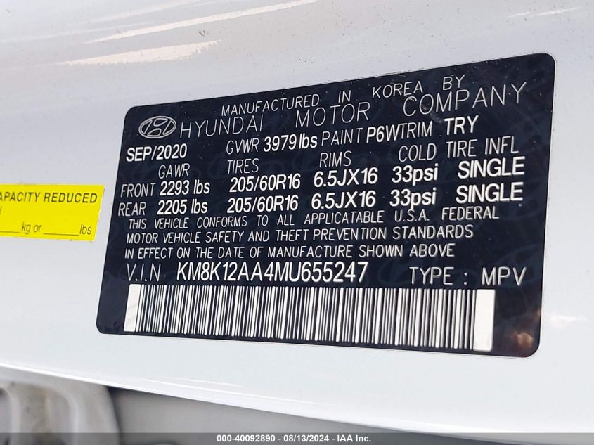 2021 Hyundai Kona Se VIN: KM8K12AA4MU655247 Lot: 40092890