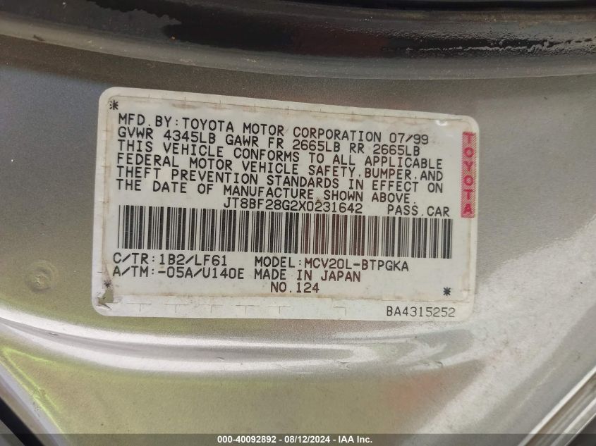 1999 Lexus Es 300 VIN: JT8BF28G2X0231642 Lot: 40092892