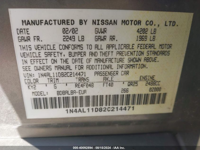 1N4AL11D82C214471 2002 Nissan Altima 2.5 S