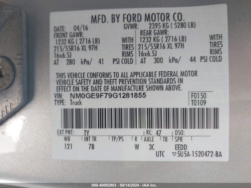 2016 Ford Transit Connect Xlt VIN: NM0GE9F79G1281855 Lot: 40092903