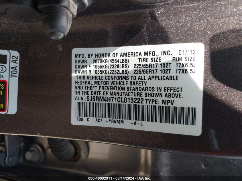 2012 Honda Cr-V Ex-L VIN: 5J6RM4H71CL015222 Lot: 40092911