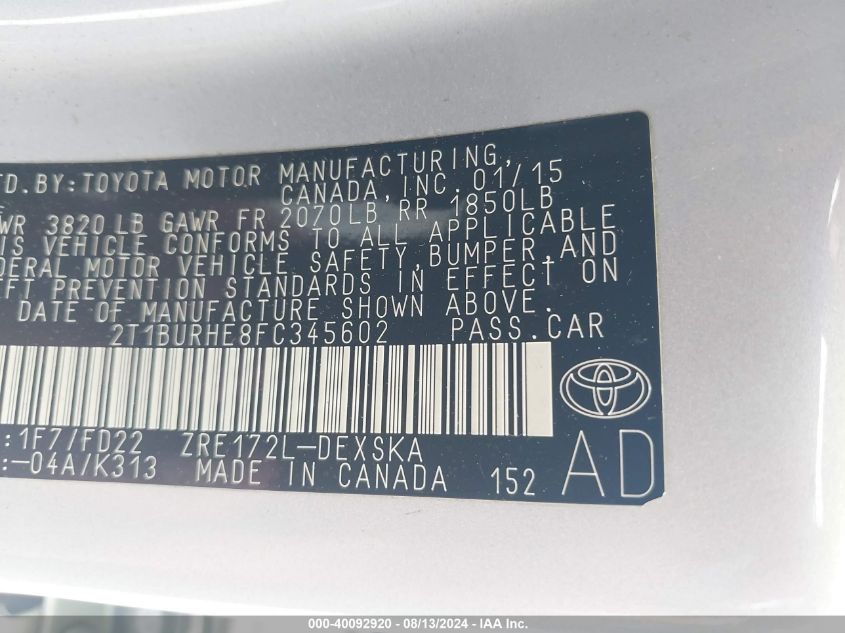 2015 TOYOTA COROLLA S PLUS - 2T1BURHE8FC345602