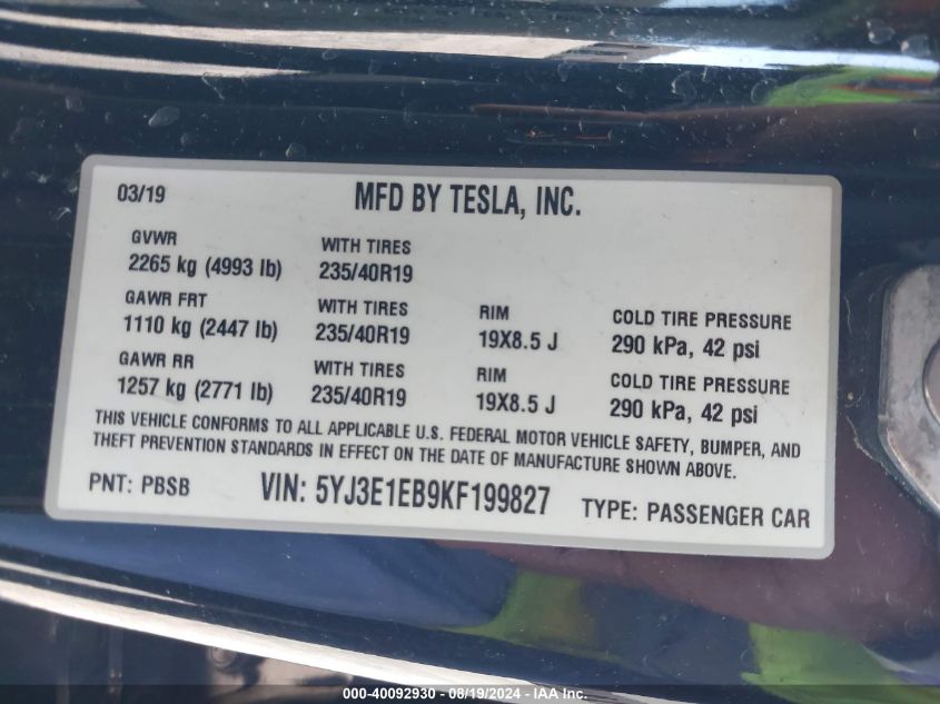 2019 Tesla Model 3 Long Range/Performance VIN: 5YJ3E1EB9KF199827 Lot: 40092930