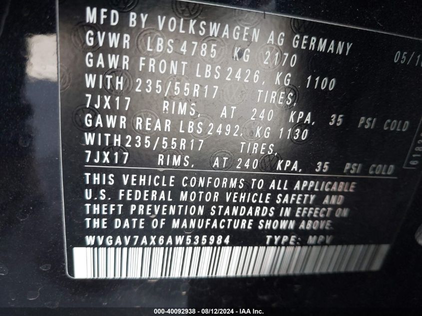 2010 Volkswagen Tiguan S/Se/Sel VIN: WVGAV7AX6AW535984 Lot: 40092938