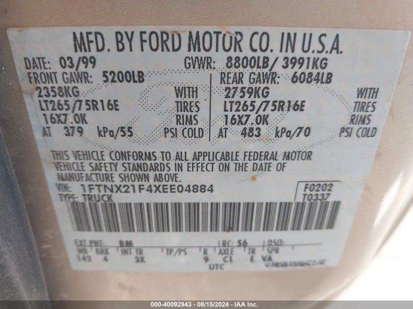 1999 Ford F-250 Lariat/Xl/Xlt VIN: 1FTNX21F4XEE04884 Lot: 40092943