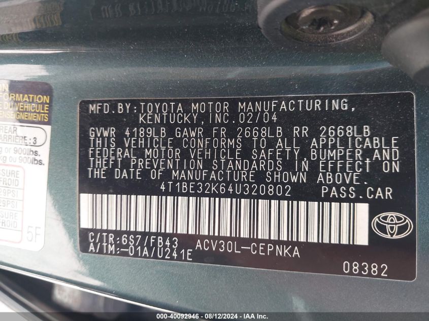 4T1BE32K64U320802 2004 Toyota Camry Le