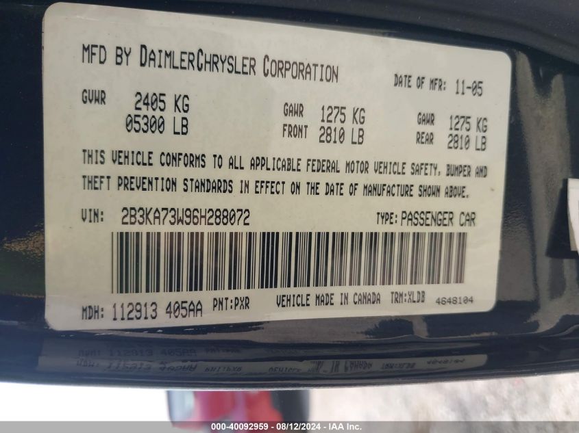 2006 Dodge Charger Srt8 VIN: 2B3KA73W96H288072 Lot: 40092959