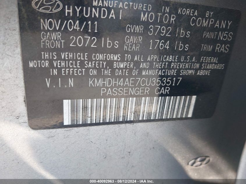 2012 Hyundai Elantra Limited (Ulsan Plant) VIN: KMHDH4AE7CU353517 Lot: 40092963