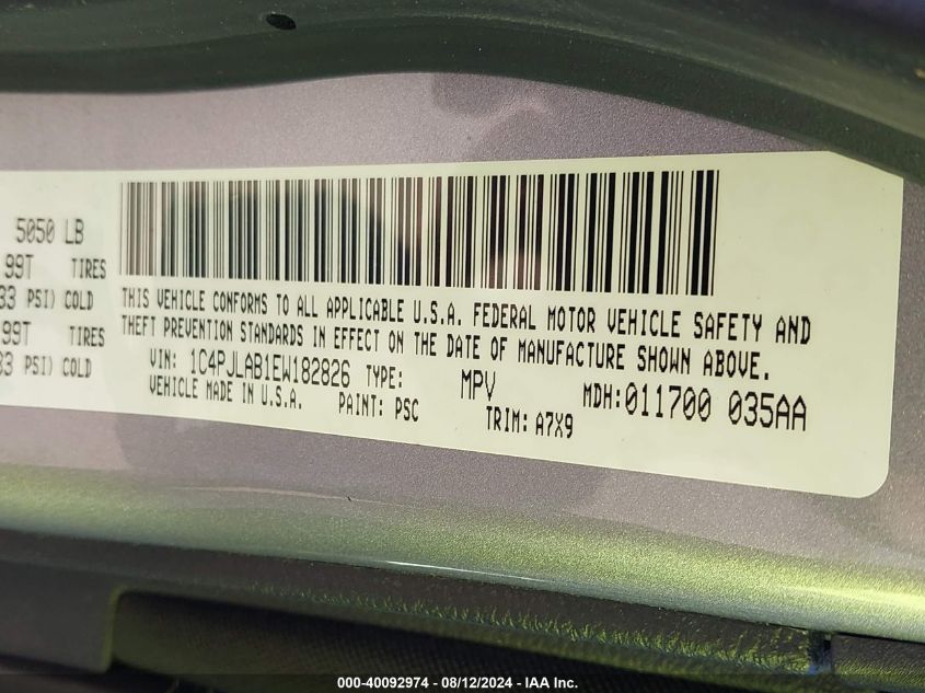 2014 Jeep Cherokee Sport VIN: 1C4PJLAB1EW182826 Lot: 40092974