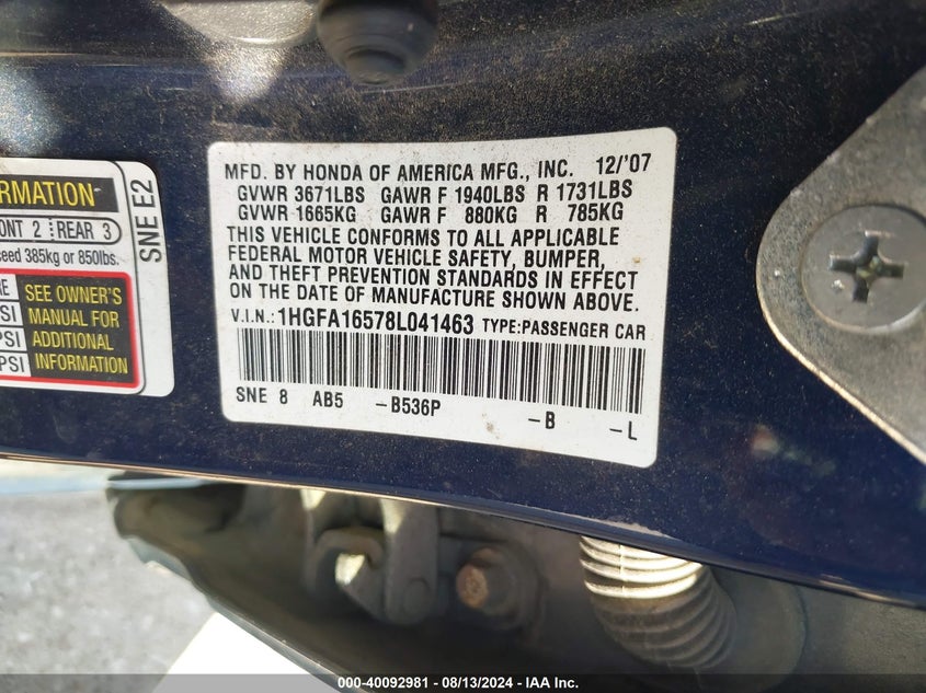 2008 Honda Civic Sdn Lx VIN: 1HGFA16578L041463 Lot: 40092981