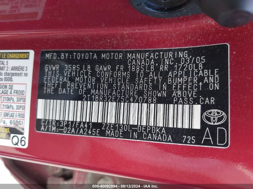 2005 Toyota Corolla Ce VIN: 2T1BR32E75C470788 Lot: 40092994