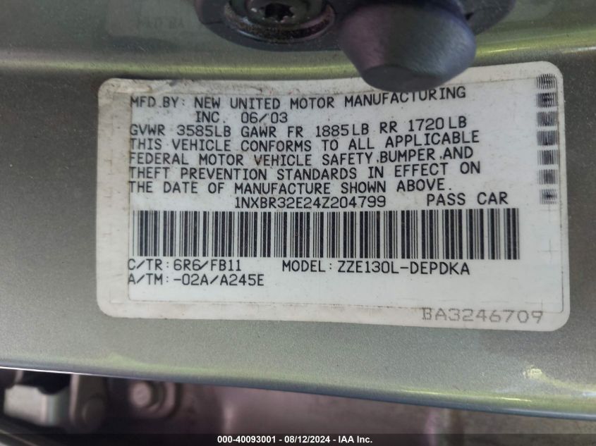 2004 Toyota Corolla Ce VIN: 1NXBR32E24Z204799 Lot: 40093001