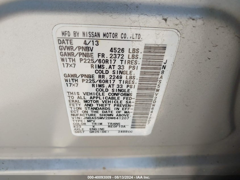 2013 Nissan Rogue S/Sv VIN: JN8AS5MV2DW641207 Lot: 40093009