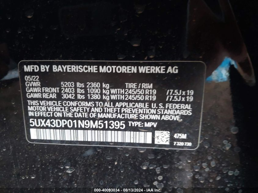 2022 BMW X3 Sdrive30I VIN: 5UX43DP01N9M51395 Lot: 40093034