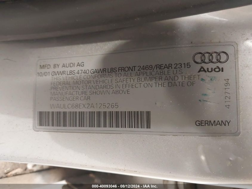 WAULC68EX2A125265 2002 Audi A4 1.8T