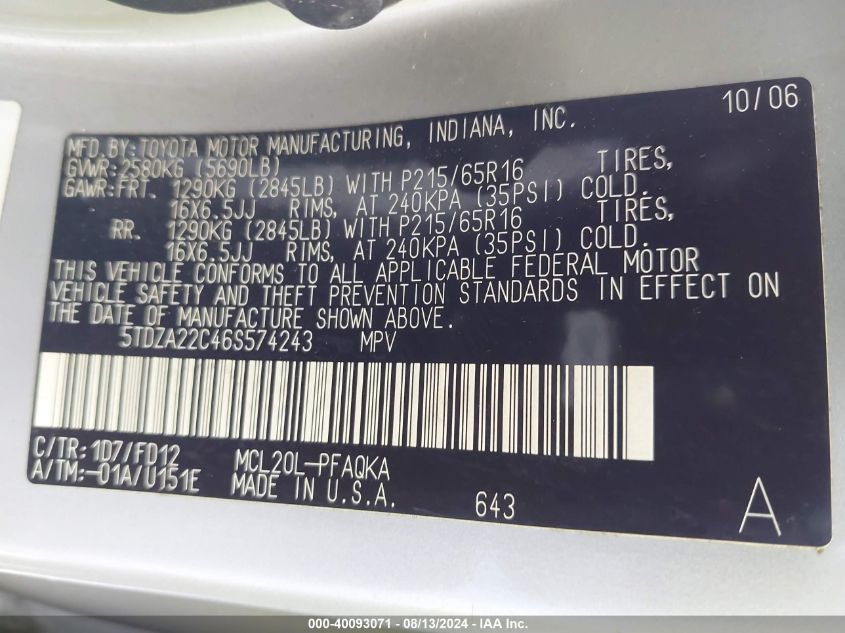 2006 Toyota Sienna Xle VIN: 5TDZA22C46S574243 Lot: 40093071