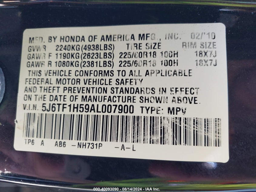 2010 Honda Accord Crosstour Ex-L VIN: 5J6TF1H59AL007900 Lot: 40093090