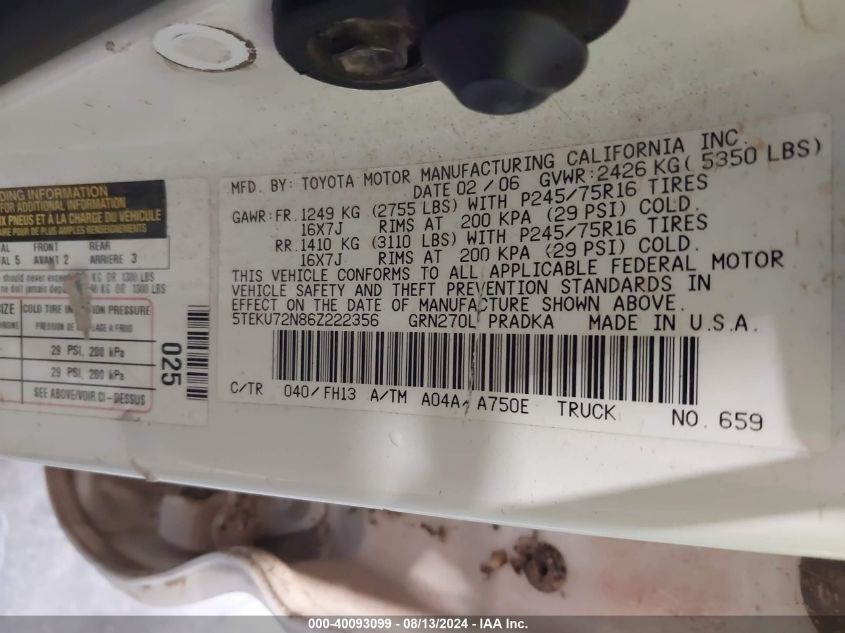 2006 Toyota Tacoma Prerunner V6 VIN: 5TEKU72N86Z222356 Lot: 40093099