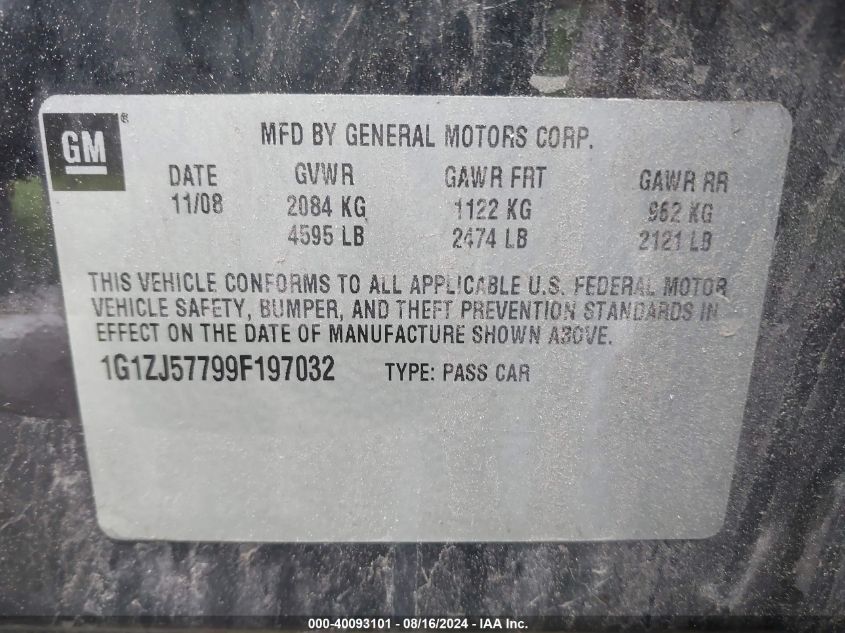 2009 Chevrolet Malibu Lt VIN: 1G1ZJ57799F197032 Lot: 40093101