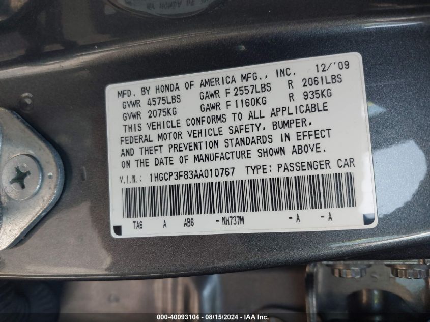 1HGCP3F83AA010767 2010 Honda Accord 3.5 Ex-L