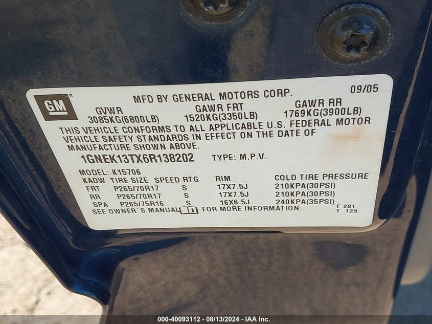 2006 Chevrolet Tahoe Z71 VIN: 1GNEK13TX6R138202 Lot: 40093112