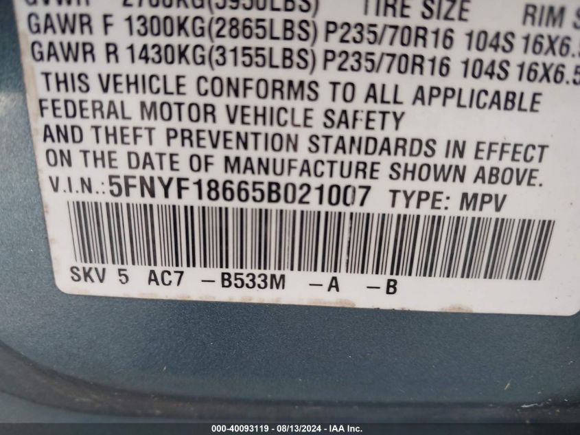 2005 Honda Pilot Ex-L VIN: 5FNYF18665B021007 Lot: 40093119