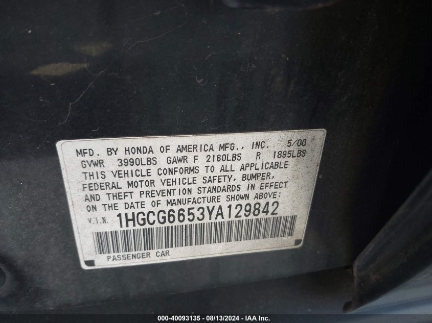 2000 Honda Accord Lx VIN: 1HGCG6653YA129842 Lot: 40093135