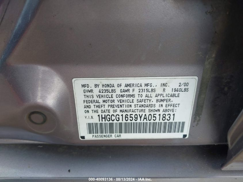 2000 Honda Accord 3.0 Ex VIN: 1HGCG1659YA051831 Lot: 40093136