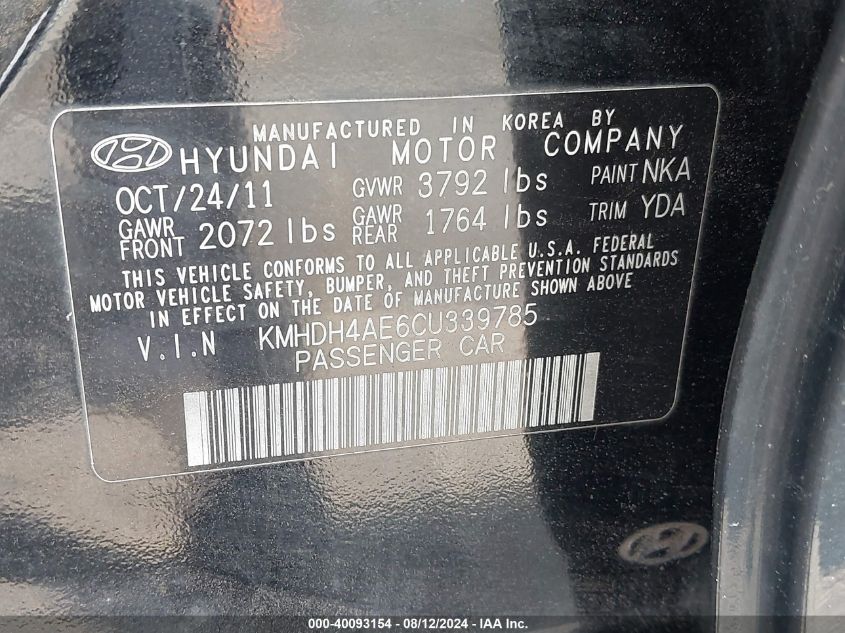2012 Hyundai Elantra Gls (Ulsan Plant) VIN: KMHDH4AE6CU339785 Lot: 40093154