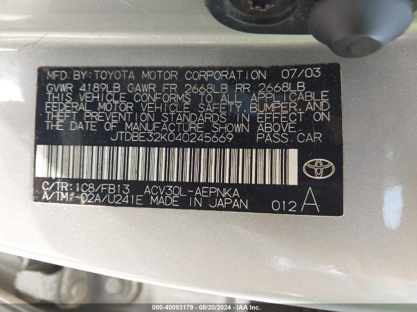 2004 Toyota Camry Le VIN: JTDBE32K040245669 Lot: 40093179