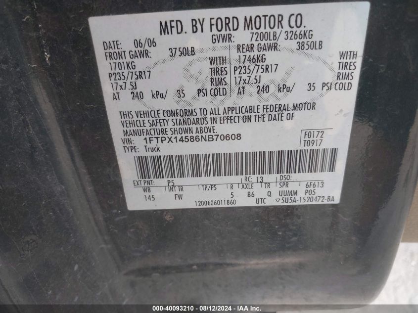 2006 Ford F-150 Fx4/Lariat/Xl/Xlt VIN: 1FTPX14586NB70608 Lot: 40093210