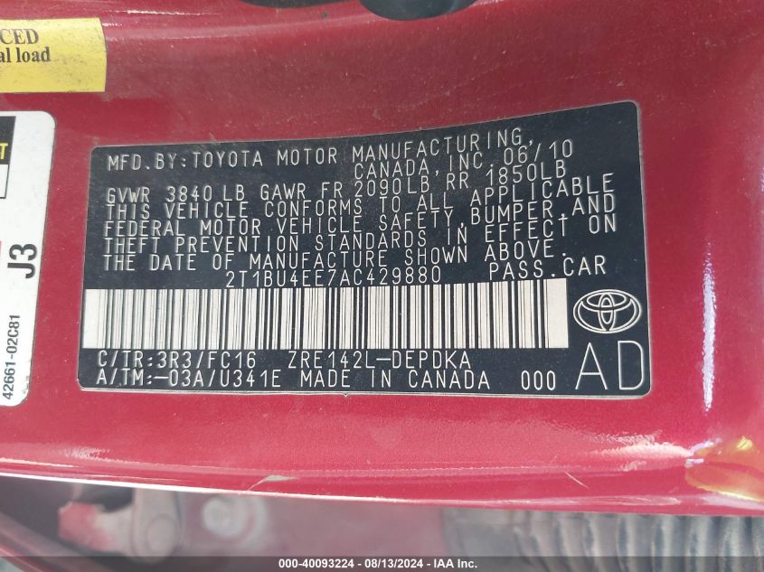 2010 Toyota Corolla S/Le/Xle VIN: 2T1BU4EE7AC429880 Lot: 40093224