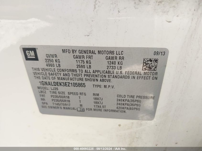 2014 Chevrolet Equinox Ltz VIN: 1GNALDEK3EZ105865 Lot: 40093225