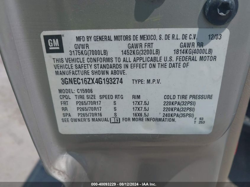 2004 Chevrolet Suburban 1500 Lt VIN: 3GNEC16ZX4G193274 Lot: 40093229