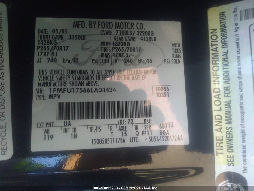 2006 Ford Expedition Eddie Bauer/King Ranch VIN: 1FMFU17566LA04434 Lot: 40093233