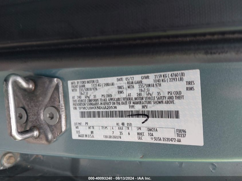 2013 Ford Escape Sel VIN: 1FMCU9HX5DUA20536 Lot: 40093240