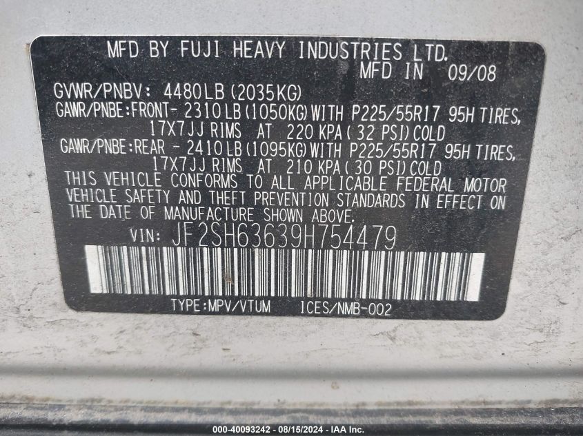 2009 Subaru Forester 2.5X Premium VIN: JF2SH63639H754479 Lot: 40093242