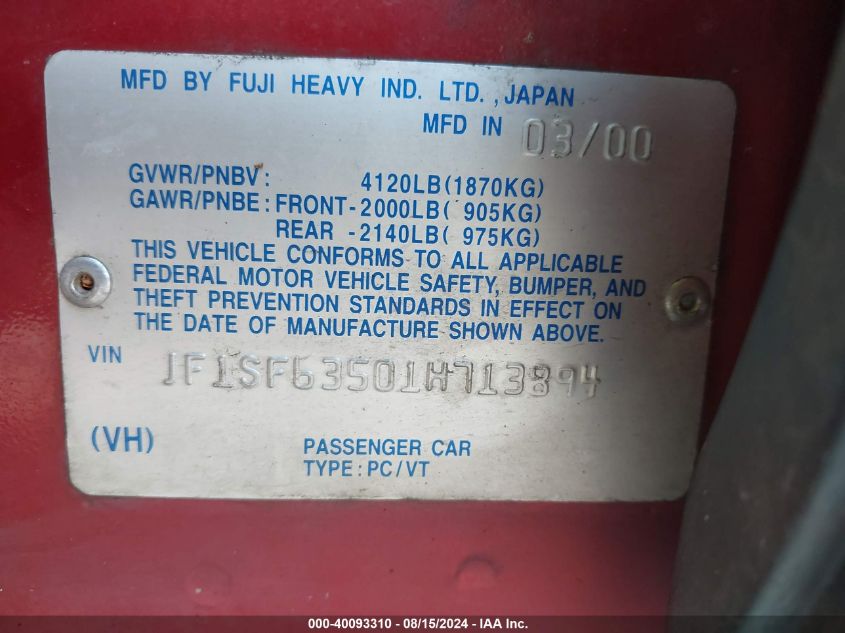 2001 Subaru Forester L VIN: JF1SF63501H713894 Lot: 40093310