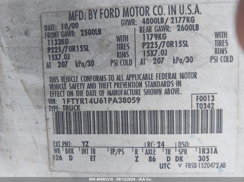 2001 Ford Ranger Edge/Xl/Xlt VIN: 1FTYR14U61PA38059 Lot: 40093316