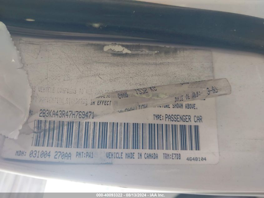 2007 Dodge Charger Se/Sxt VIN: 2B3KA43R47H769471 Lot: 40093322