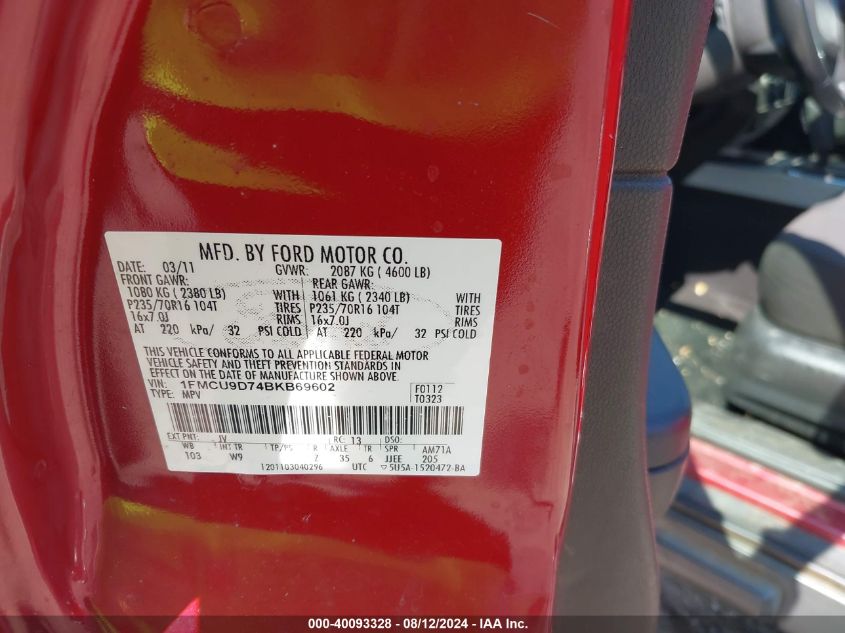 2011 Ford Escape Xlt VIN: 1FMCU9D74BKB69602 Lot: 40093328