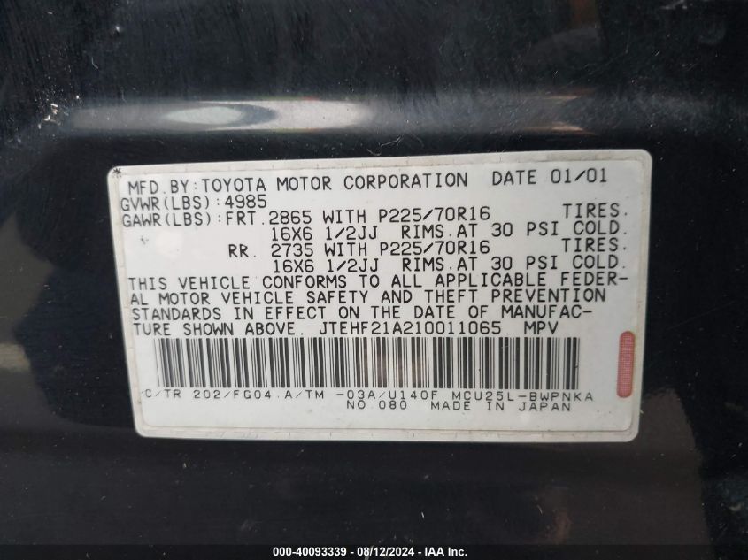 2001 Toyota Highlander V6 VIN: JTEHF21A210011065 Lot: 40093339